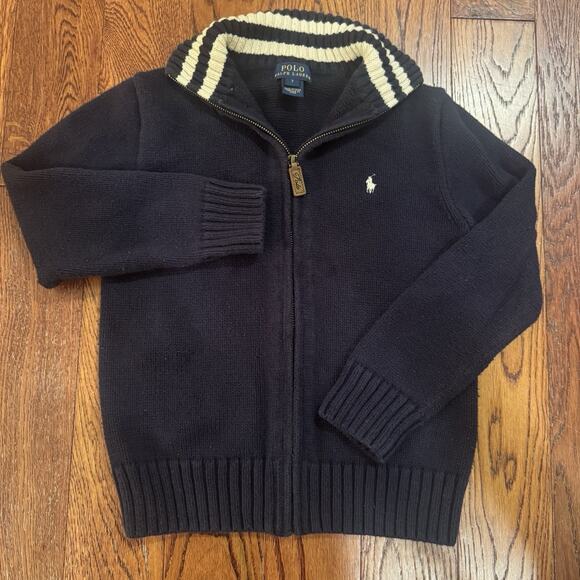 Polo Ralph Lauren Cardigan Sweater Boys 7 Full Zip Navy White Pony Logo Preppy - Picture 2 of 9